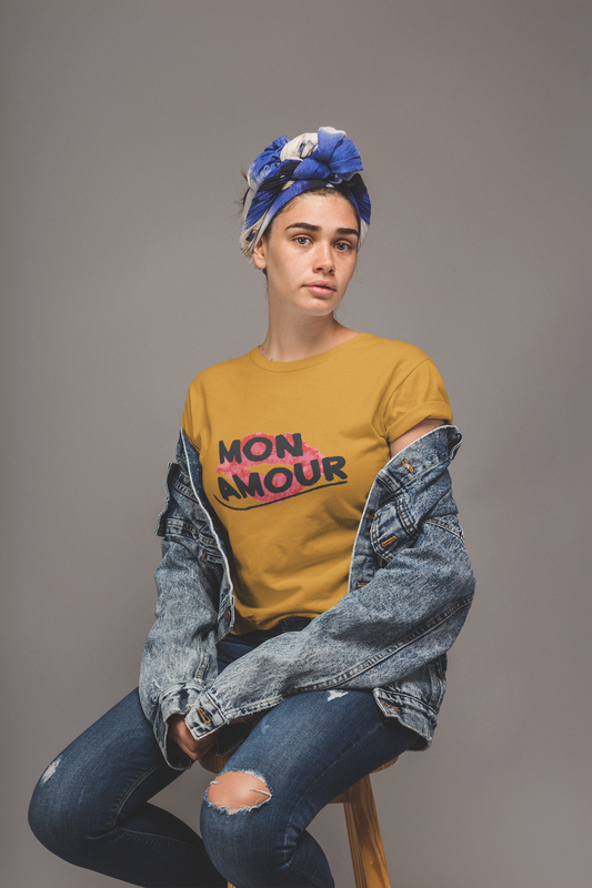 "MON AMOUR" French Kiss Yellow Tee 💋 – For the Romantic Rebel