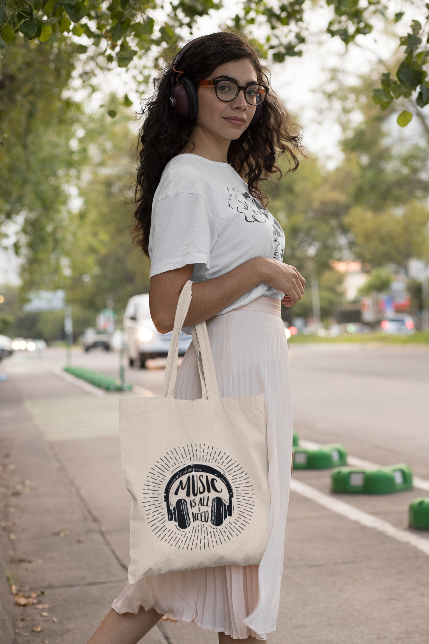 Music Is All I Need" Headphones Graphic Tote Bag