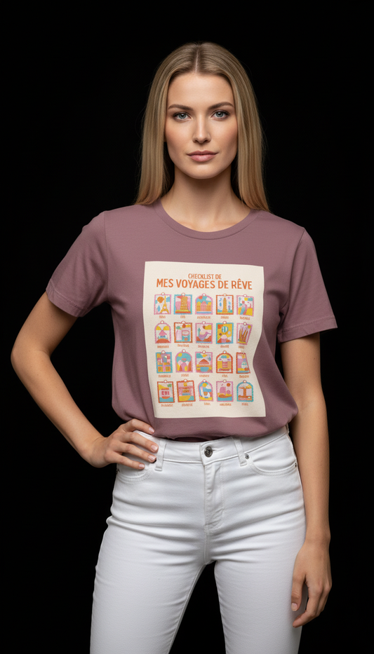 Dream Travel Checklist Mauve Cotton T-Shirt for Women | Travel Graphic Tee