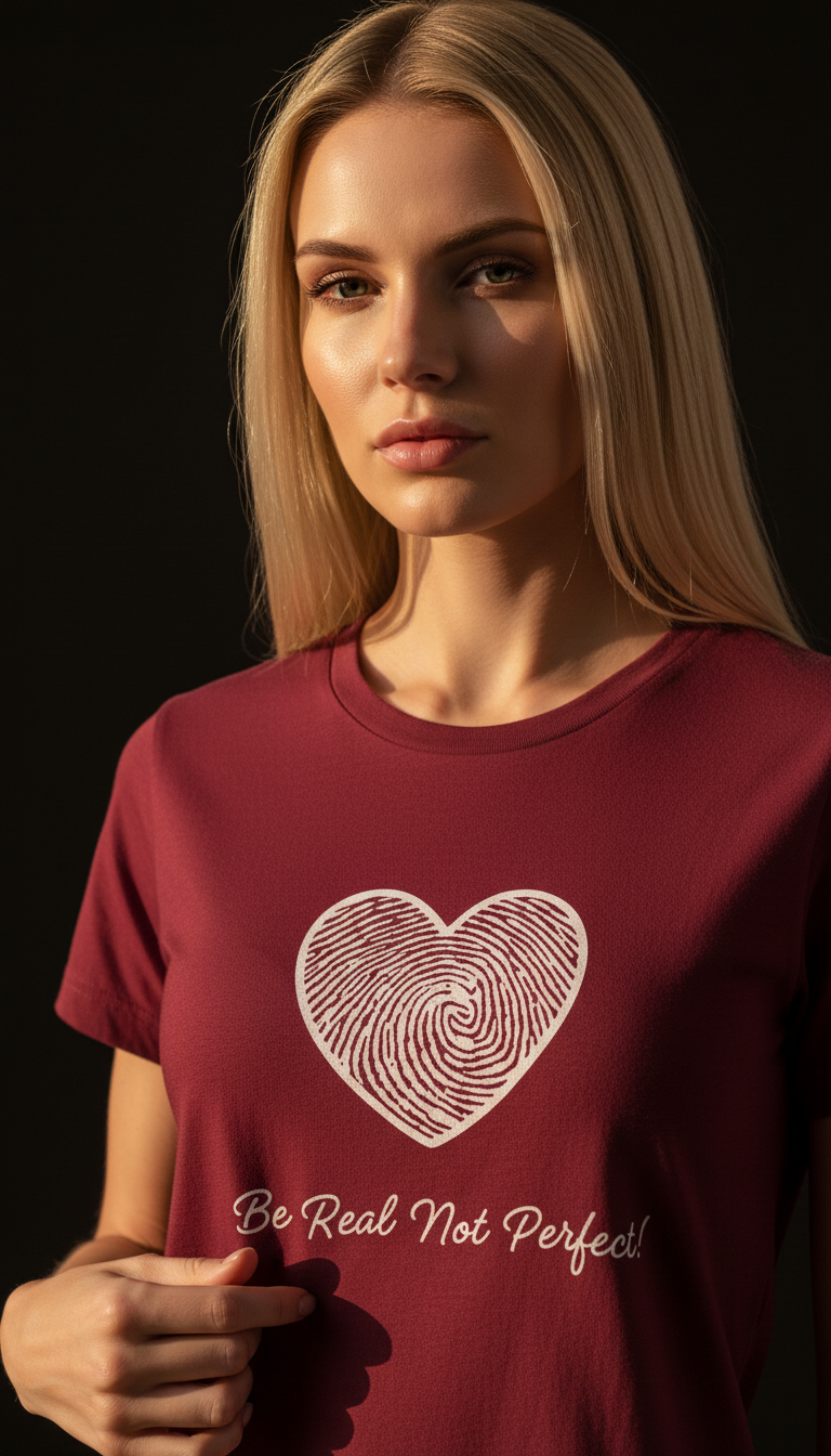 “Be Real Not Perfect” Motivational Heart Print Mustard for Women