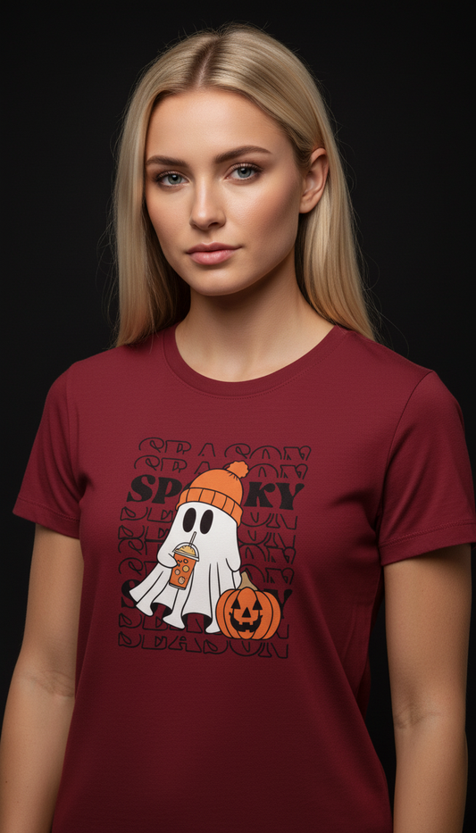 Spooky Halloween Cotton T-Shirt for Women | Cute Ghost Graphic Tee