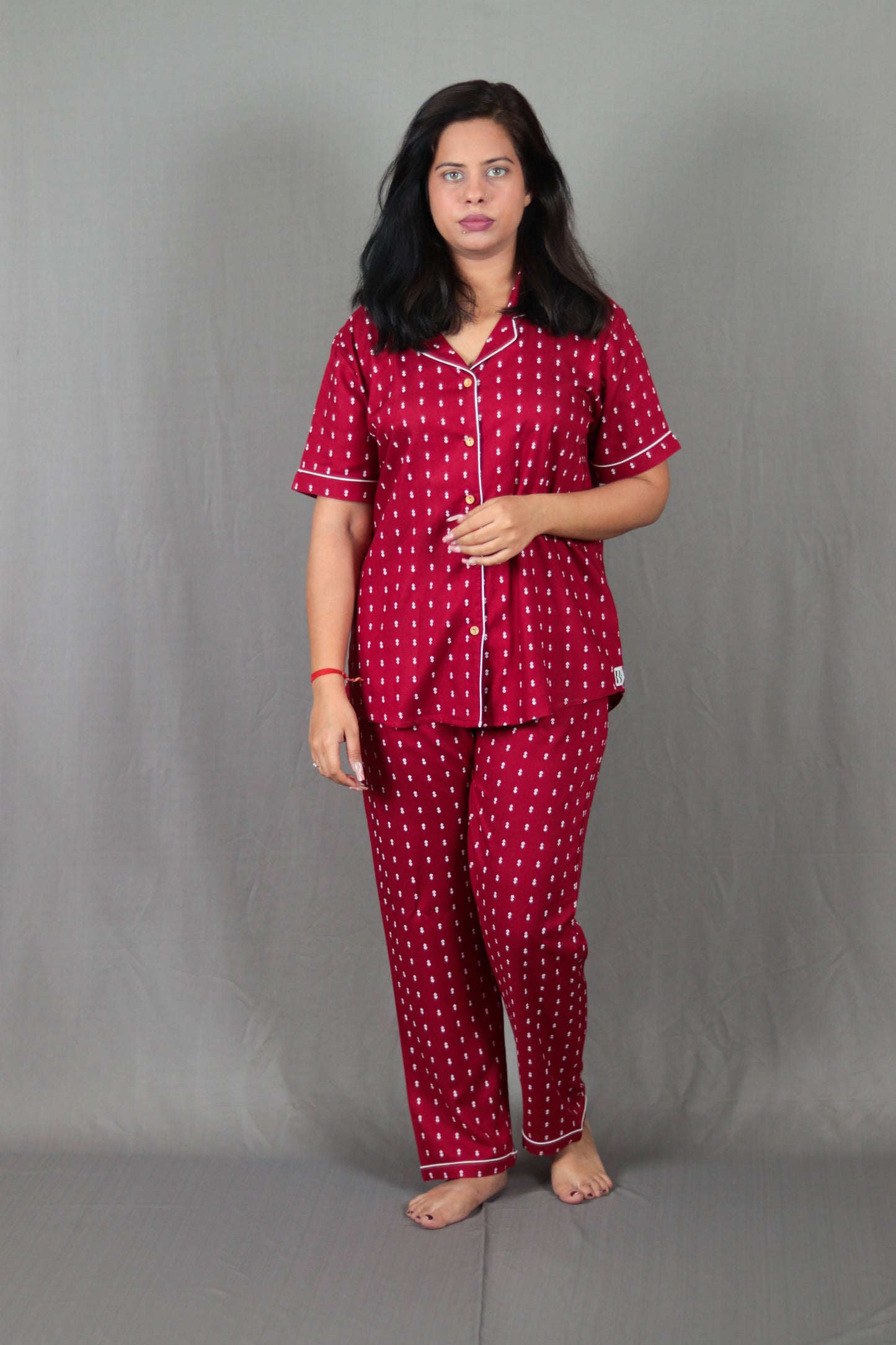 Maroon Leaves Printed Long PJ Set