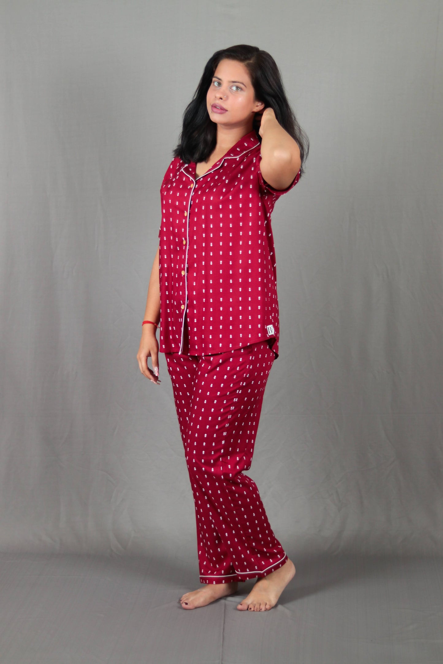 Maroon Leaves Printed Long PJ Set