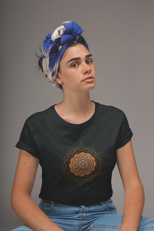 Black Mystic Mandala Cotton Tee 🌀🌺 – Embrace Your Inner Calm