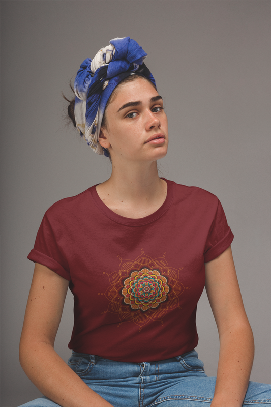 Maroon Mystic Mandala Cotton Tee 🌀🌺 – Embrace Your Inner Calm
