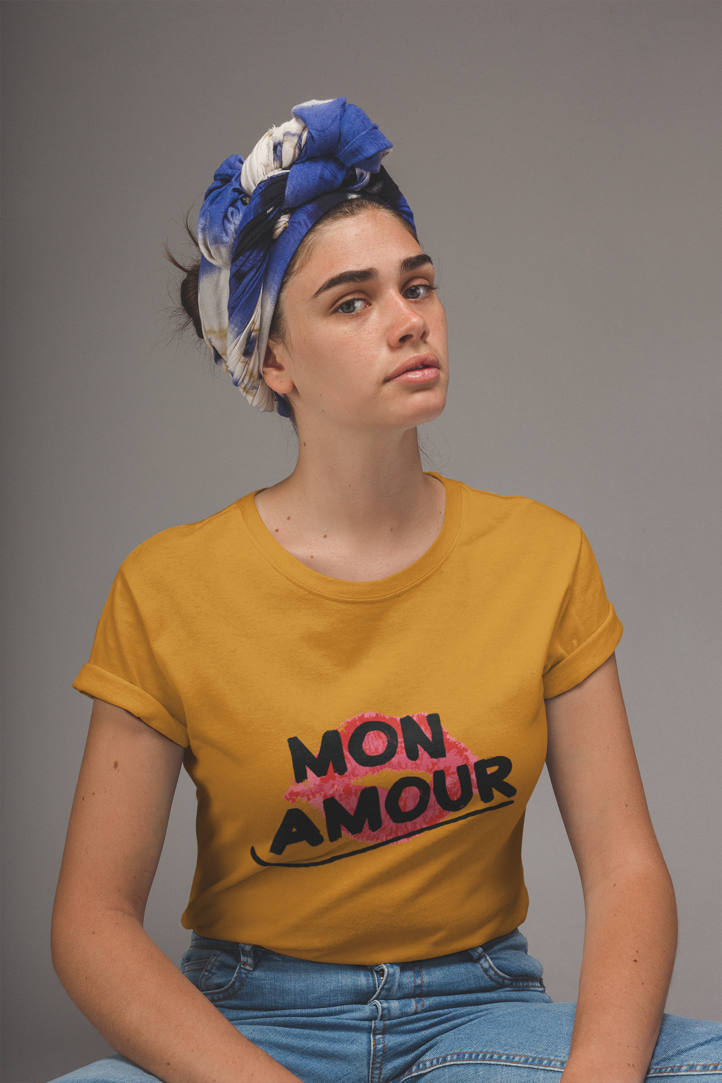 "MON AMOUR" French Kiss Mustered Yellow Tee 💋 – For the Romantic Rebel