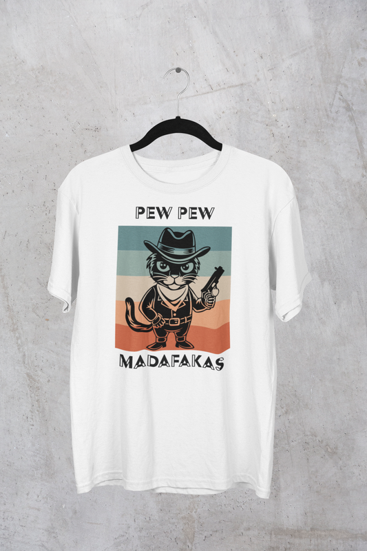 "Pew Pew Madafakas" Cowboy Cat Graphic T-Shirt – Retro Fun Vibes