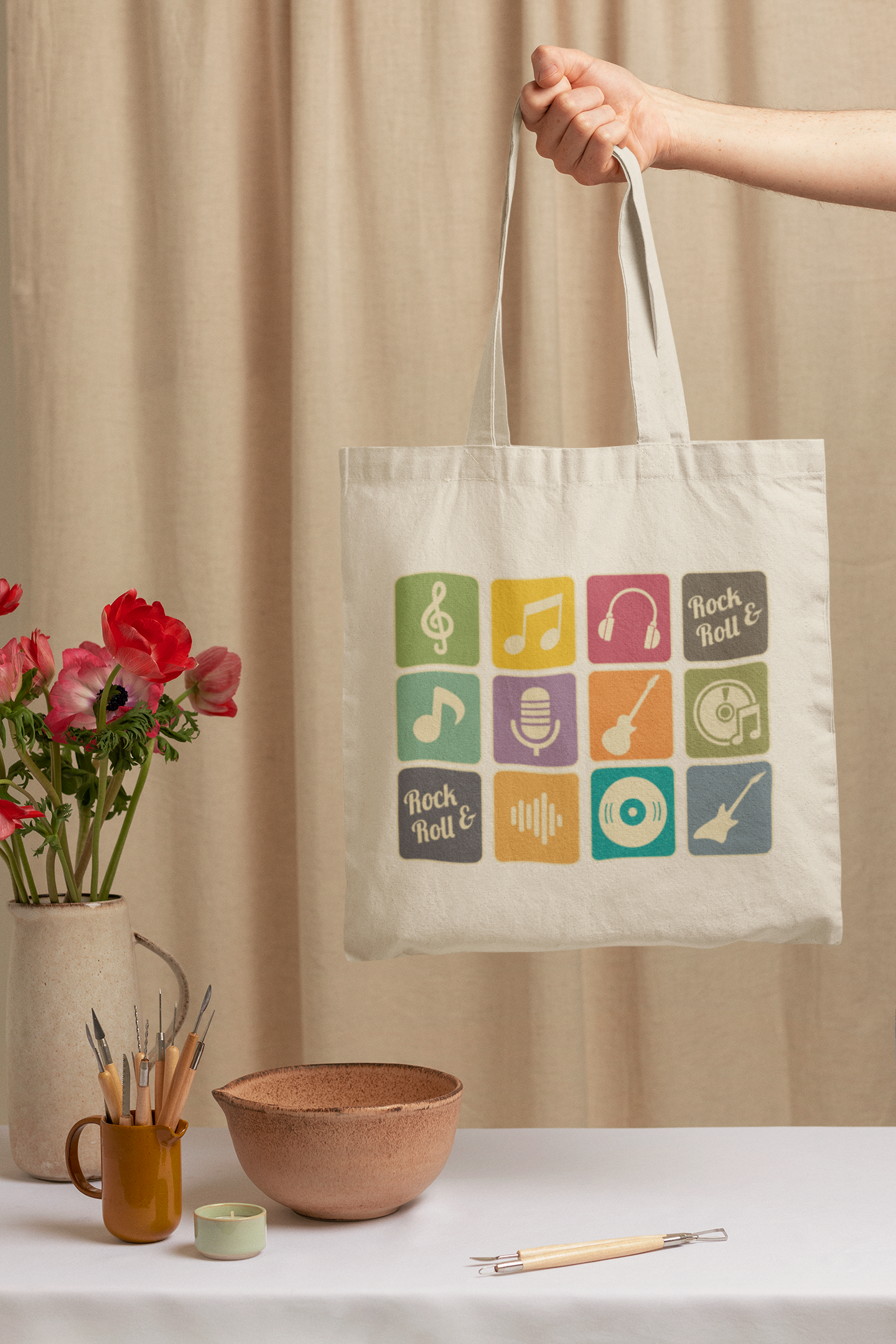 Rock & Roll Grid Music Icon Tote Bag