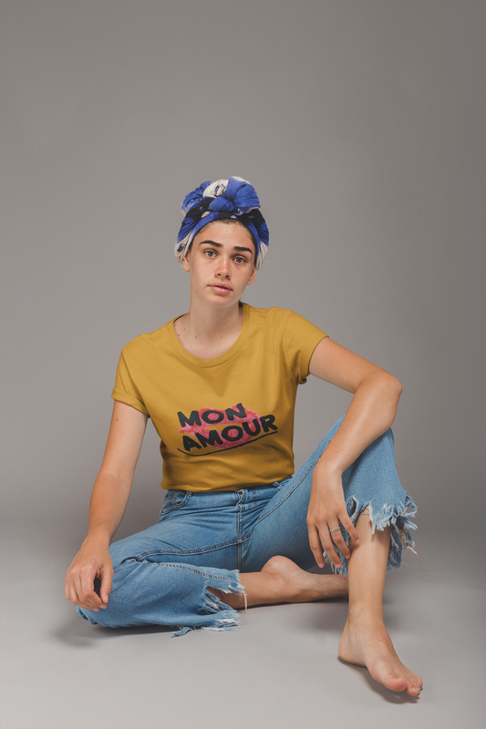 "MON AMOUR" French Kiss Yellow Tee 💋 – For the Romantic Rebel