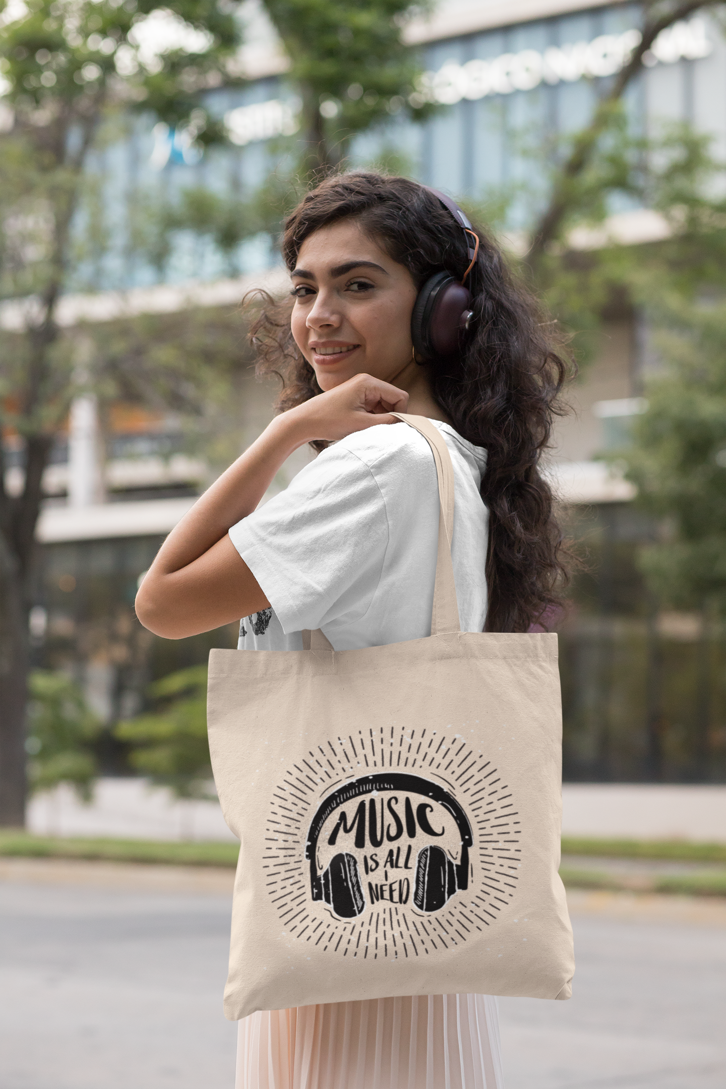 Music Is All I Need" Headphones Graphic Tote Bag