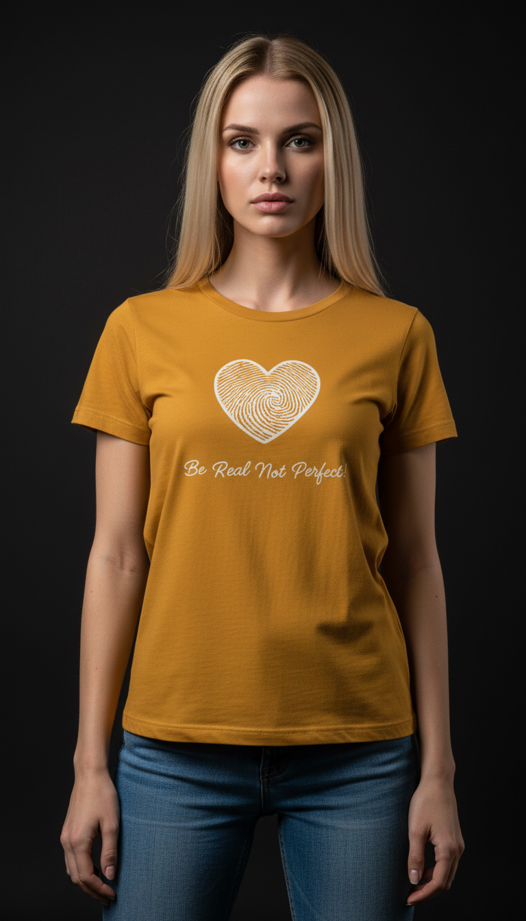 “Be Real Not Perfect” Motivational Heart Print Mustard for Women