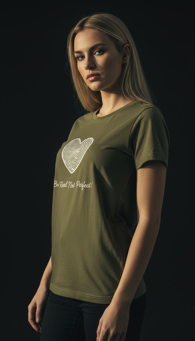 “Be Real Not Perfect” Motivational Heart Print Mustard for Women