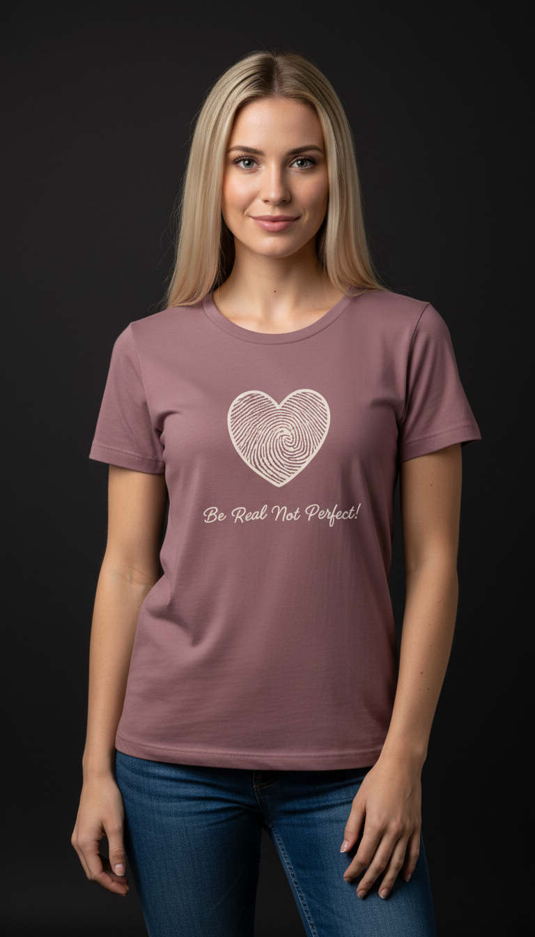 “Be Real Not Perfect” Motivational Heart Print Mustard for Women