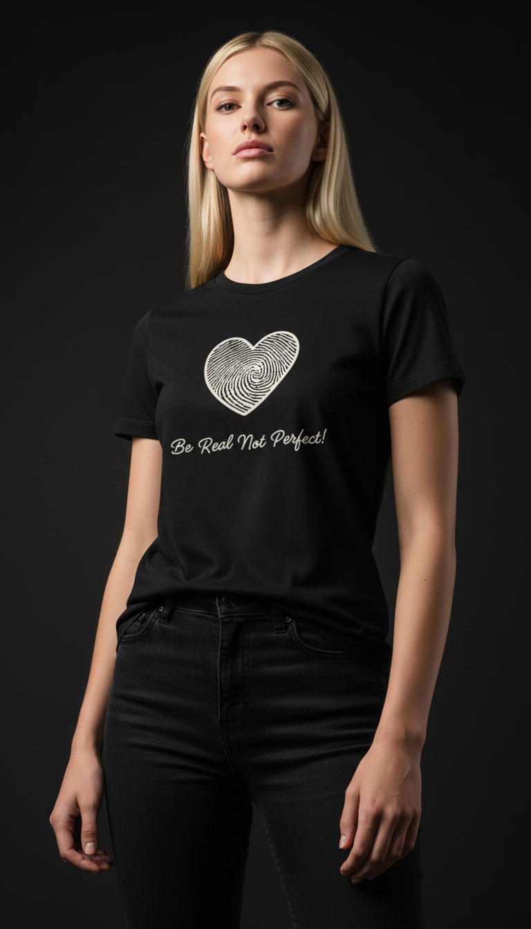 “Be Real Not Perfect” Motivational Heart Print Mustard for Women