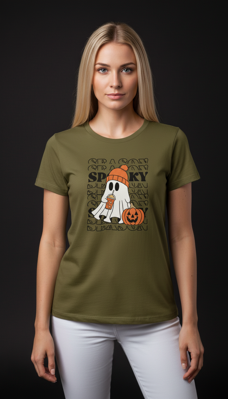 Spooky Halloween Cotton T-Shirt for Women | Cute Ghost Graphic Tee