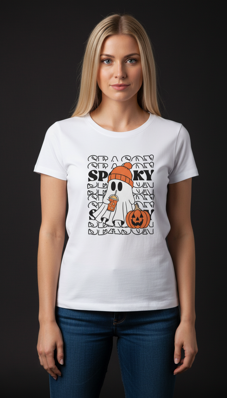 Spooky Halloween Cotton T-Shirt for Women | Cute Ghost Graphic Tee