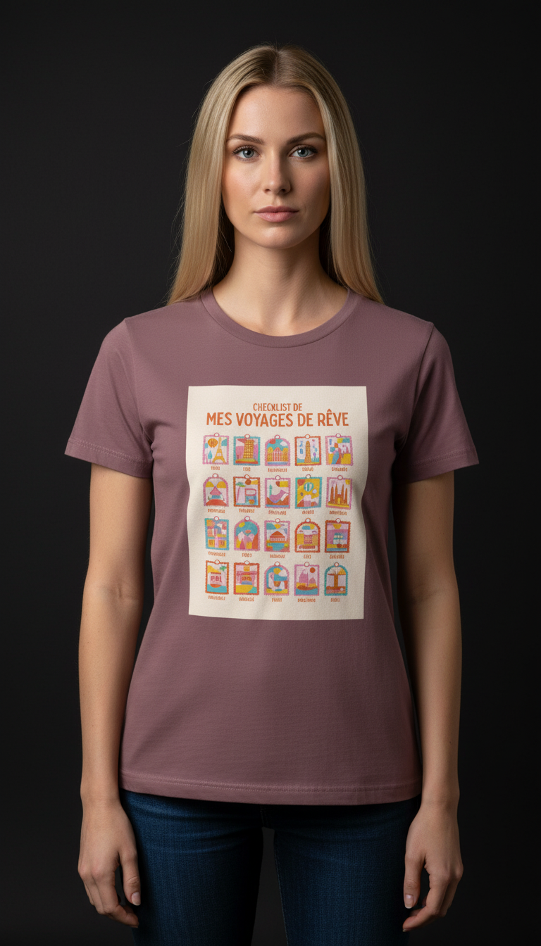 Dream Travel Checklist Mauve Cotton T-Shirt for Women | Travel Graphic Tee