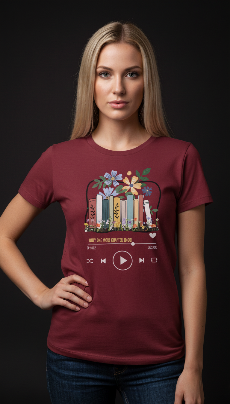 “Only One More Chapter” Book Lover Graphic Maroon T-Shirt for Women