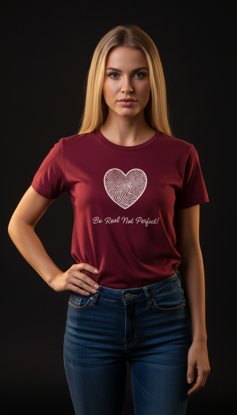 “Be Real Not Perfect” Motivational Heart Print Mustard for Women