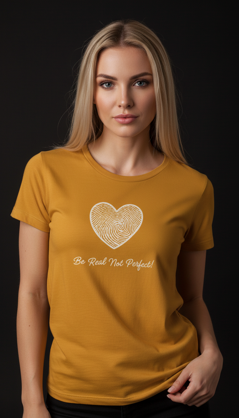 “Be Real Not Perfect” Motivational Heart Print Mustard for Women