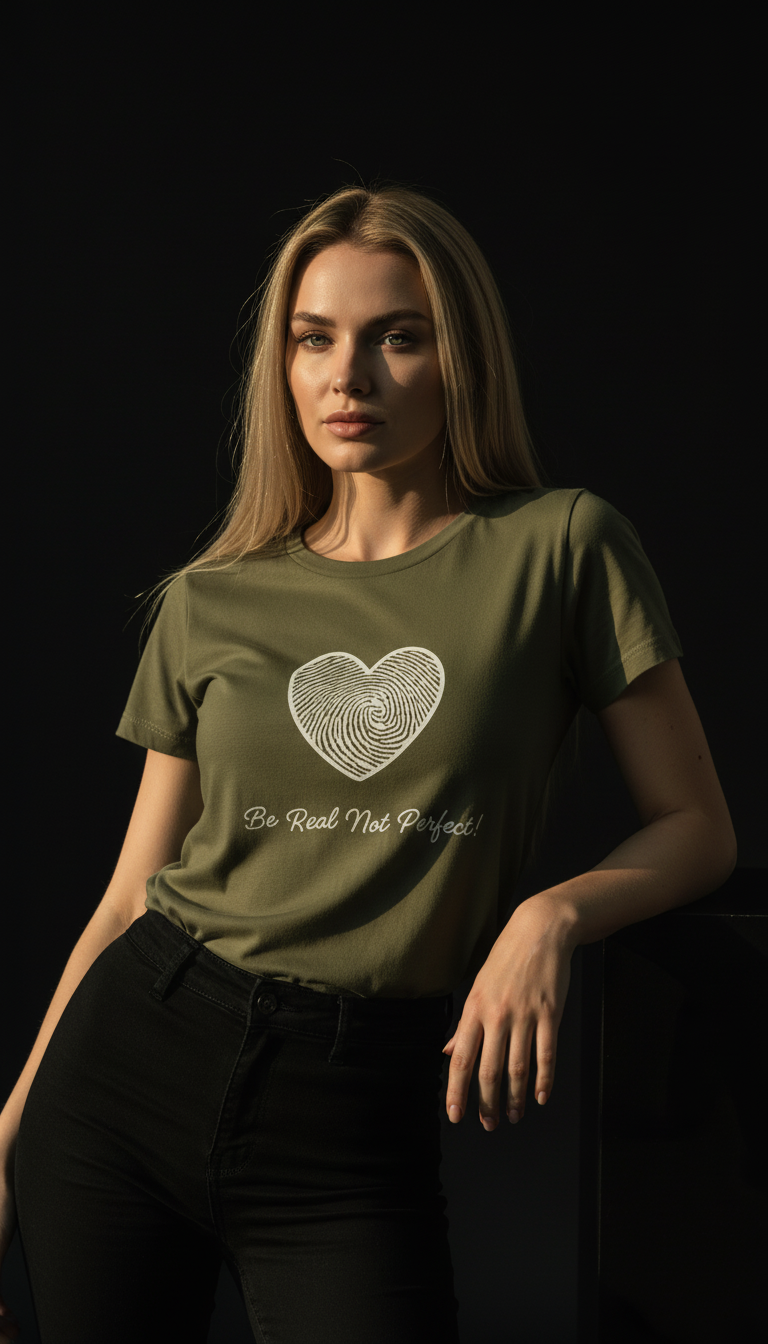 “Be Real Not Perfect” Motivational Heart Print Mustard for Women