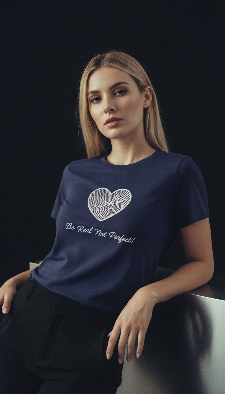 “Be Real Not Perfect” Motivational Heart Print Mustard for Women