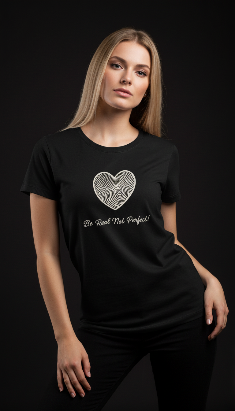 “Be Real Not Perfect” Motivational Heart Print Mustard for Women
