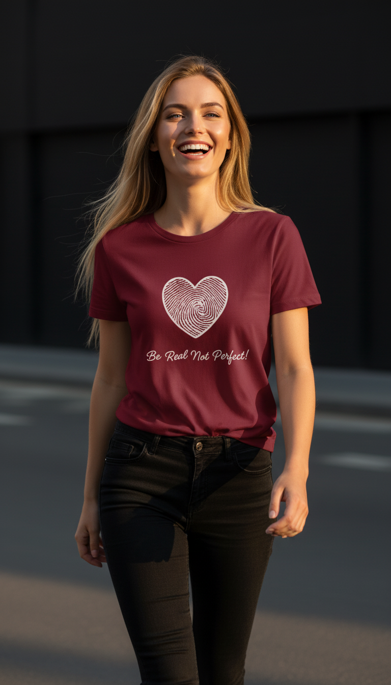 “Be Real Not Perfect” Motivational Heart Print Mustard for Women