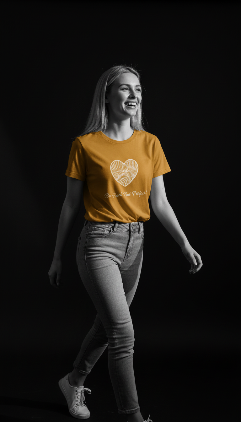 “Be Real Not Perfect” Motivational Heart Print Mustard for Women