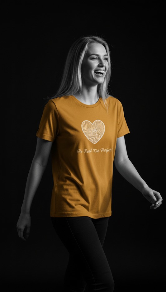 “Be Real Not Perfect” Motivational Heart Print Mustard for Women