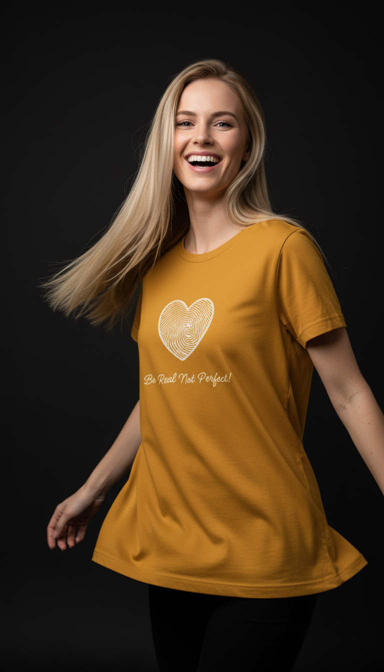 “Be Real Not Perfect” Motivational Heart Print Mustard for Women
