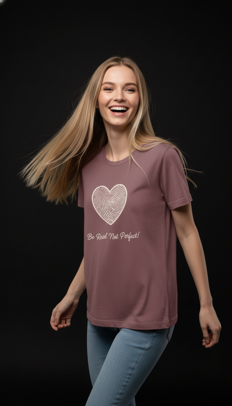 “Be Real Not Perfect” Motivational Heart Print Mustard for Women
