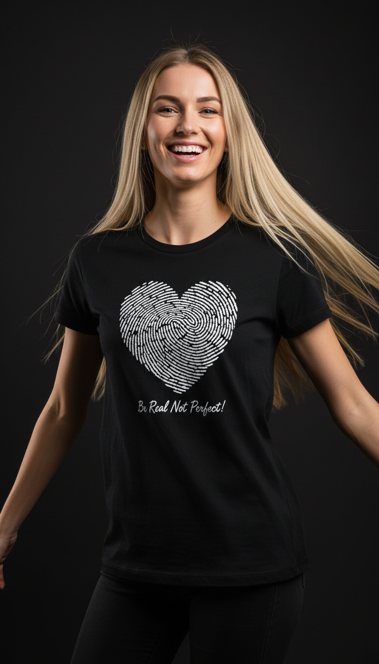 “Be Real Not Perfect” Motivational Heart Print Mustard for Women