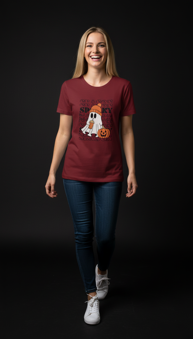 Spooky Halloween Cotton T-Shirt for Women | Cute Ghost Graphic Tee