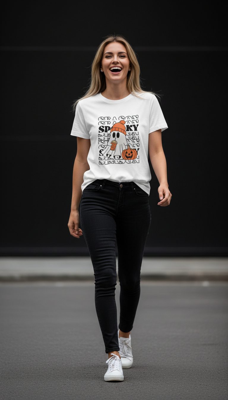 Spooky Halloween Cotton T-Shirt for Women | Cute Ghost Graphic Tee