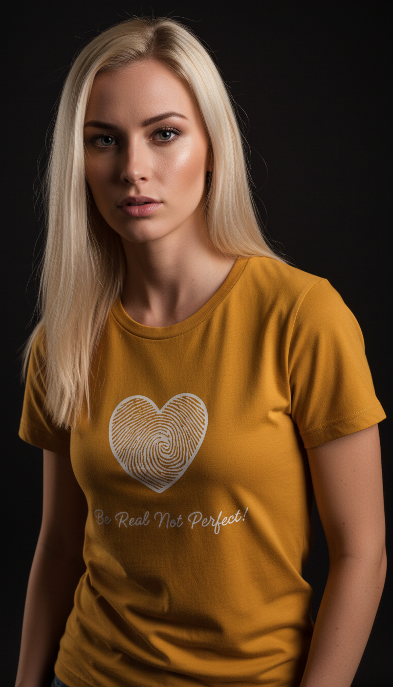 “Be Real Not Perfect” Motivational Heart Print Mustard for Women