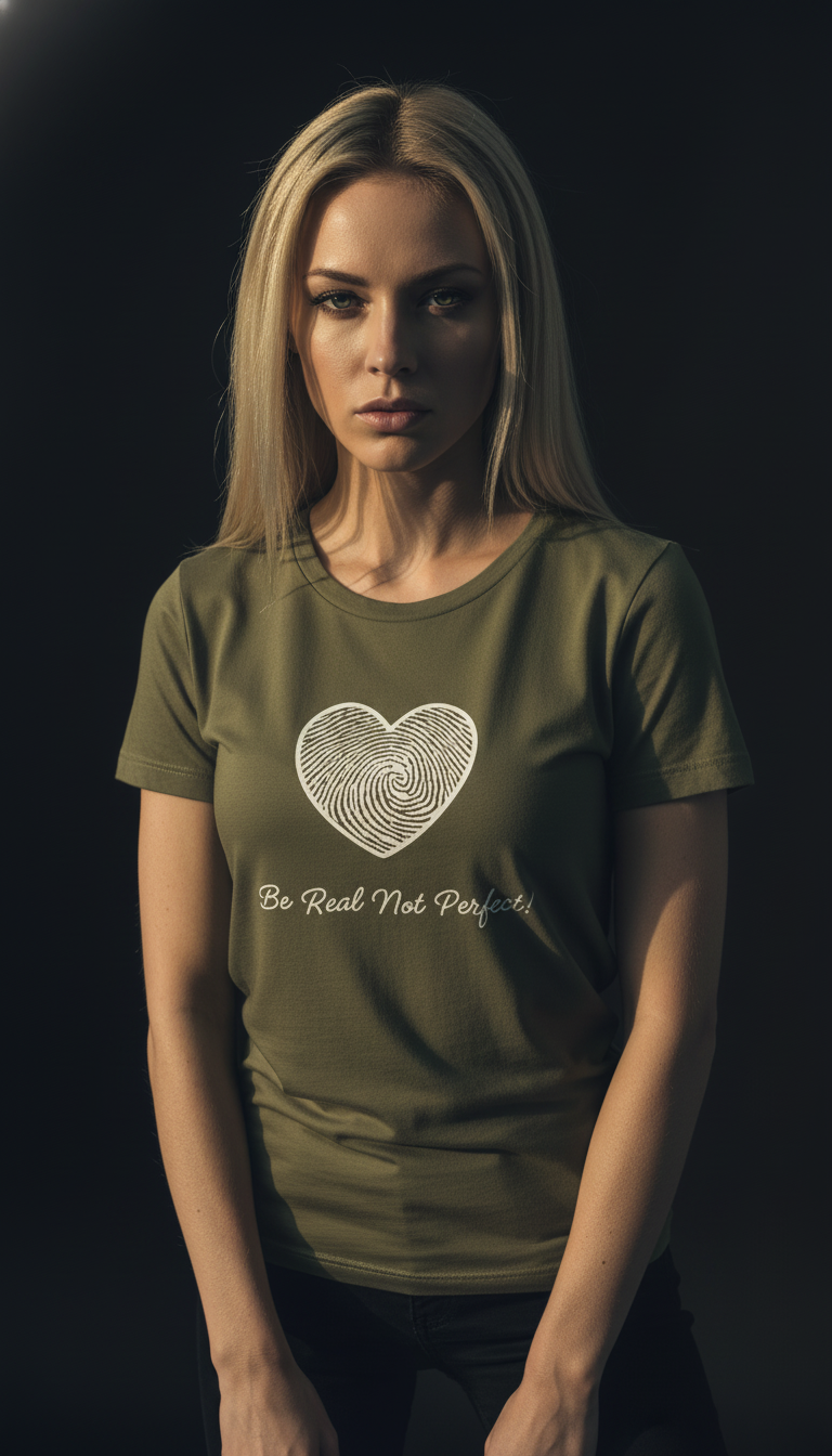 “Be Real Not Perfect” Motivational Heart Print Mustard for Women