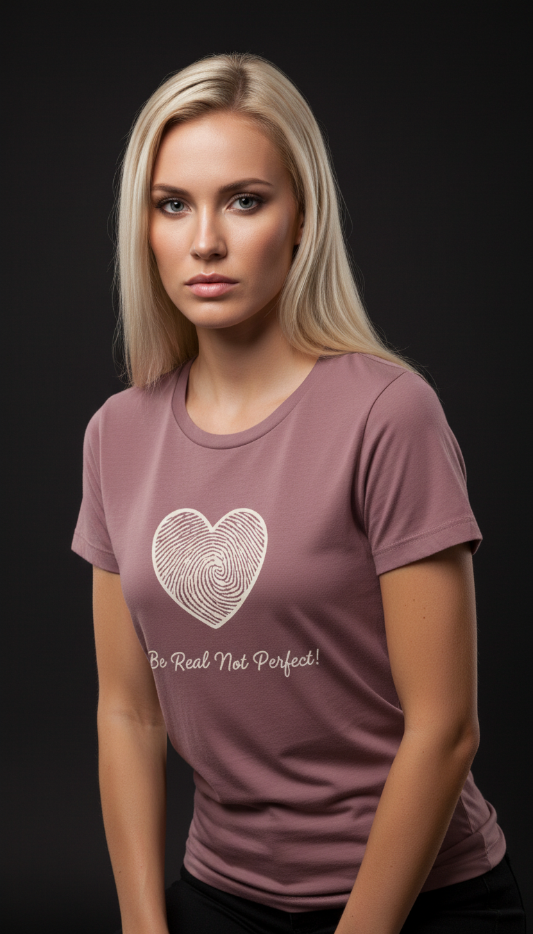 “Be Real Not Perfect” Motivational Heart Print Mustard for Women