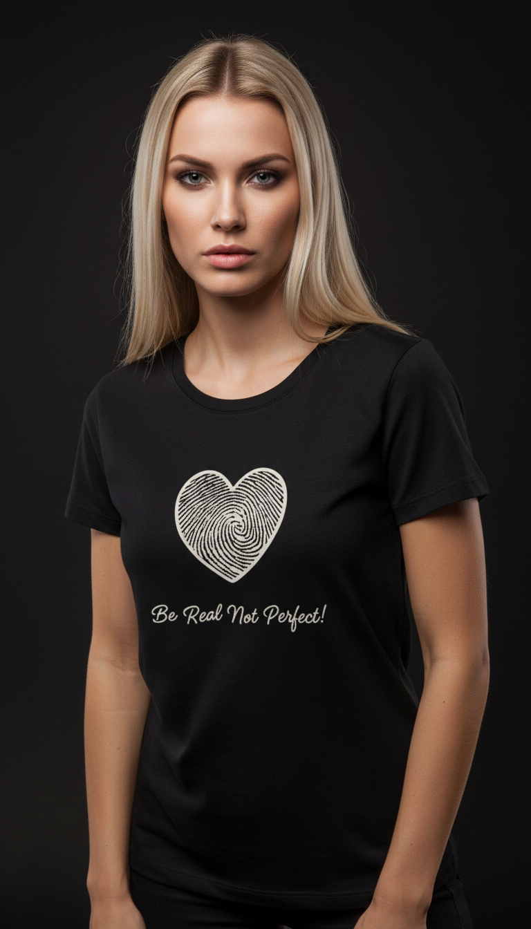 “Be Real Not Perfect” Motivational Heart Print Mustard for Women