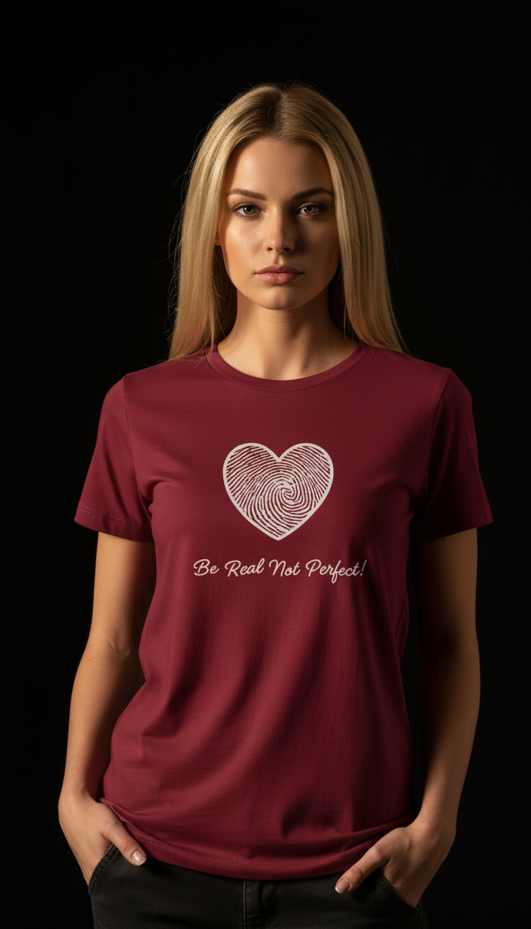 “Be Real Not Perfect” Motivational Heart Print Mustard for Women