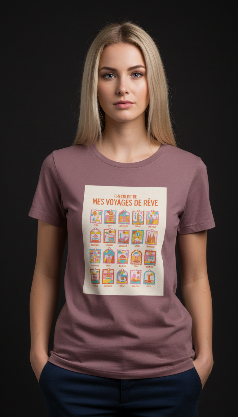 Dream Travel Checklist Mauve Cotton T-Shirt for Women | Travel Graphic Tee