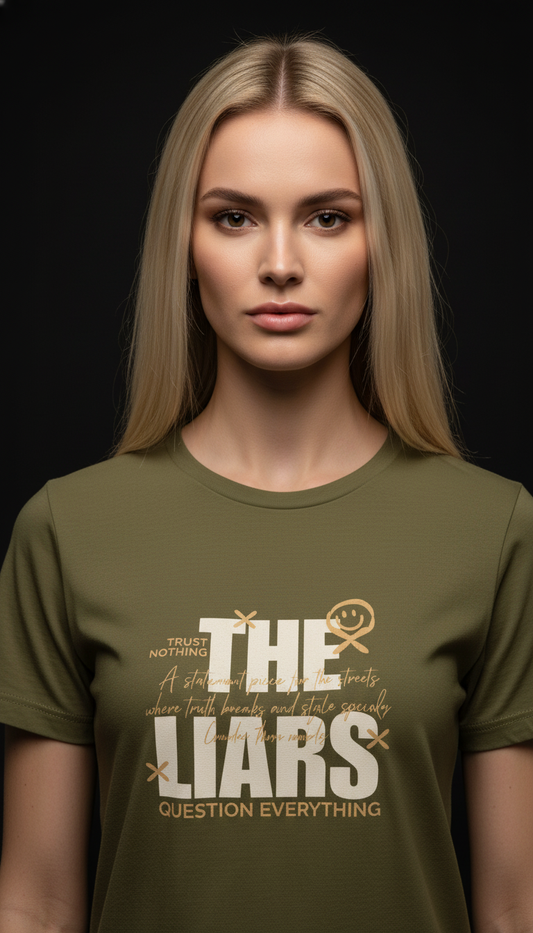 “THE LIARS – Trust Nothing, Question Everything” Graphic Moss Green T-Shirt for Women