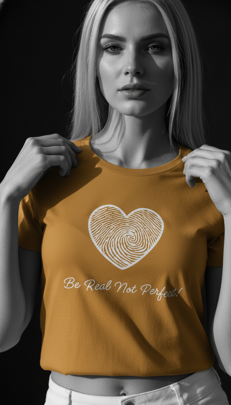 “Be Real Not Perfect” Motivational Heart Print Mustard for Women