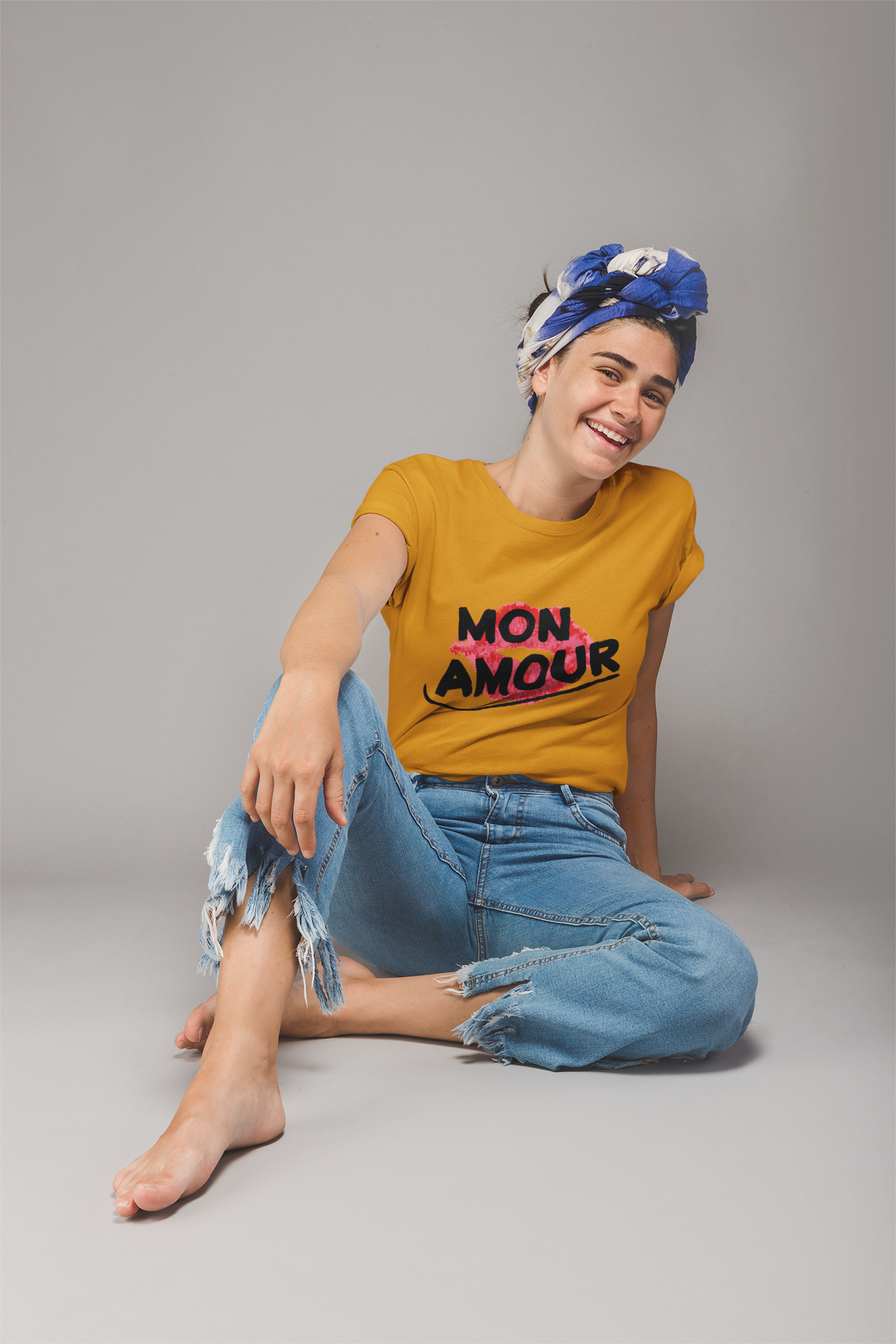 "MON AMOUR" French Kiss Mustered Yellow Tee 💋 – For the Romantic Rebel