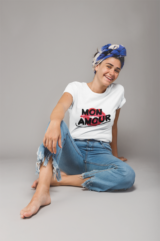 "MON AMOUR" French Kiss White Tee 💋 – For the Romantic Rebel