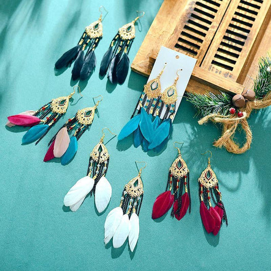 Beaded & Feather Dangling Earrings | Multiple Colors