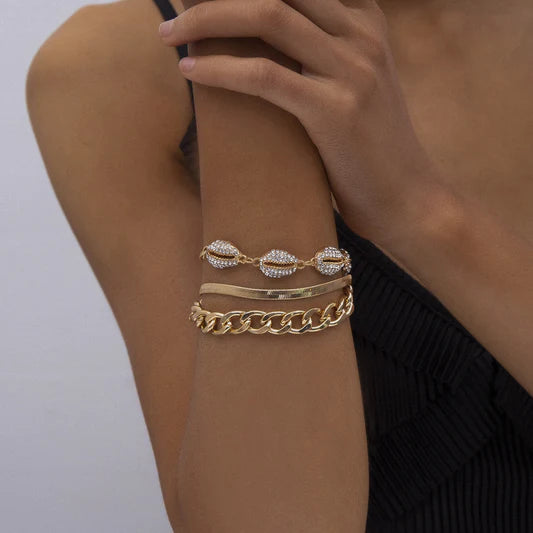 Set of 3 Gold Bracelets - Seashell, Thick Chain, and Snake Chain Styles