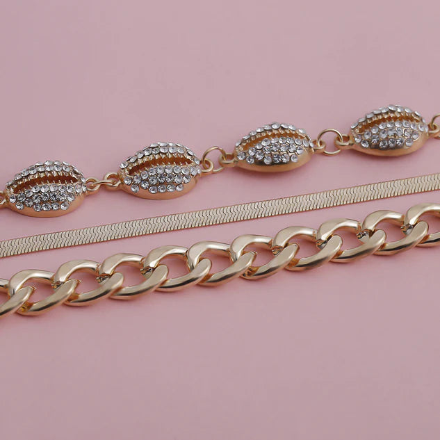 Set of 3 Gold Bracelets - Seashell, Thick Chain, and Snake Chain Styles