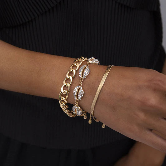 Set of 3 Gold Bracelets - Seashell, Thick Chain, and Snake Chain Styles