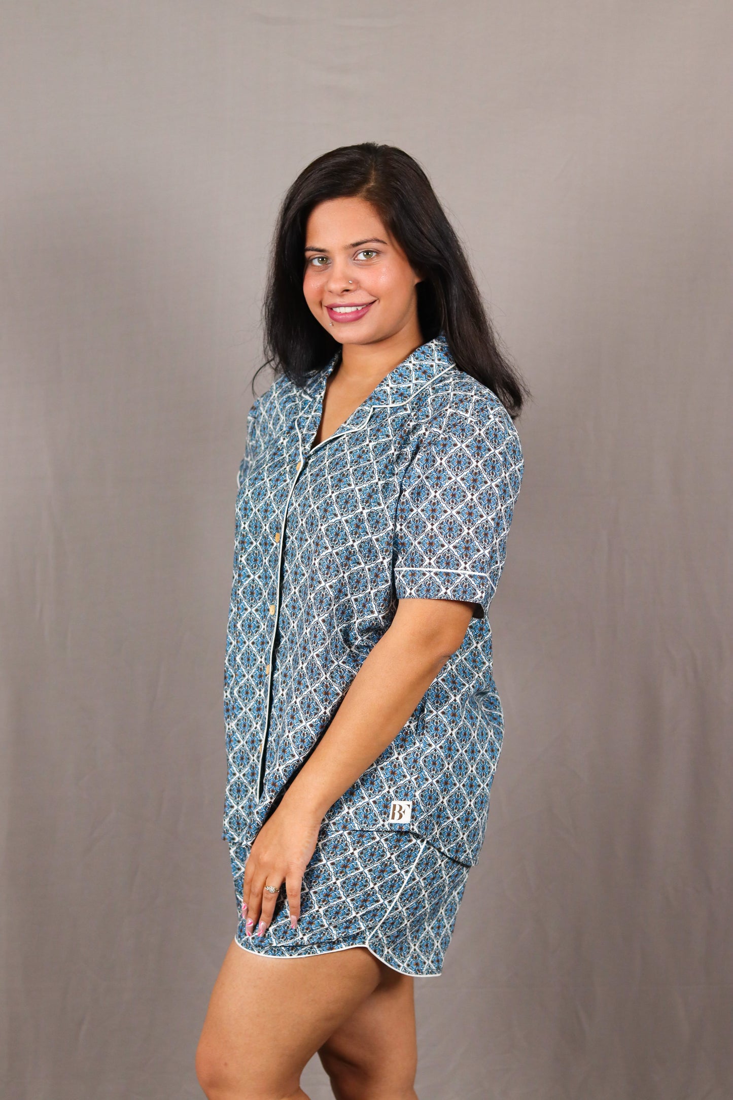Blue Jaccard Print Short PJ Set